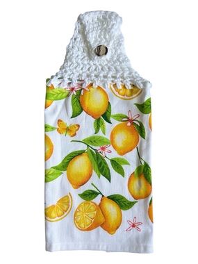 Hand Crafted Lemon Print Hanging Kitchen Towel - White, Yellow, Green
